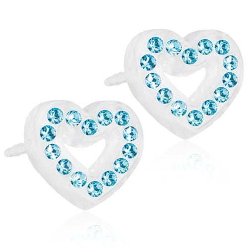 15-01121-05 Heart-shaped earrings adorned with blue crystals, featuring a cut-out heart design, perfect for adding a touch of elegance.