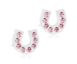 Pink crystal horseshoe earrings featuring a unique design with multiple sparkling stones, perfect for adding a touch of elegance.