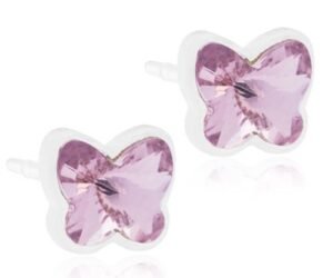 Pink butterfly stud earrings with sparkling crystal design, perfect for adding a touch of elegance to any outfit.