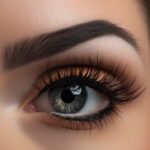 Close-up view of a stunning eye featuring long eyelashes and a captivating iris, showcasing detailed makeup and brow definition.